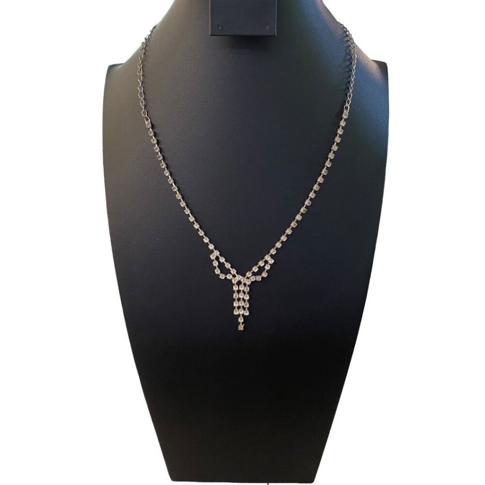 Rhinestone Formal Silvertone Necklace 21" Lobster Clasp 2" Drop